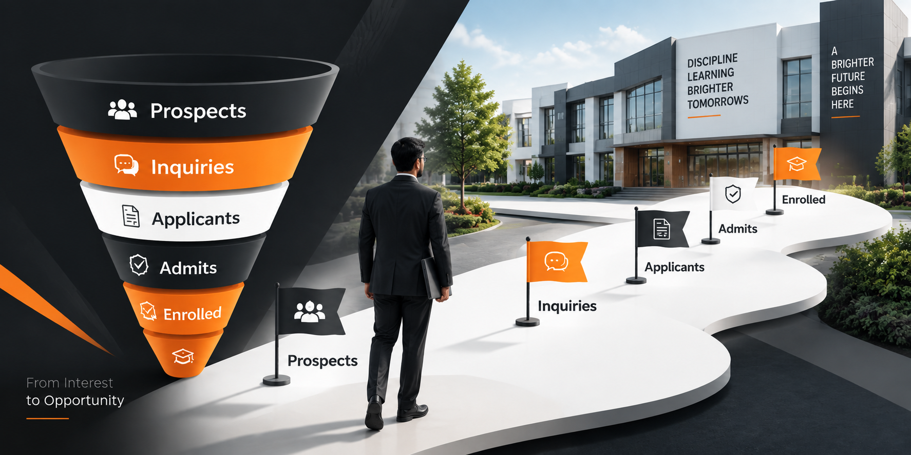 Admission marketing funnel for private schools showing a principal’s journey from prospects to enrollment with a modern school campus, representing digital marketing strategy and student admissions growth.