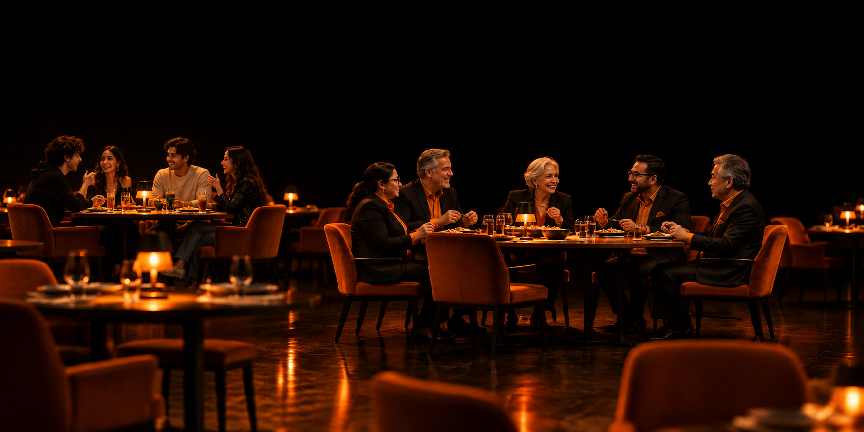 Older professionals and Gen Z diners enjoying dinner in a modern Karachi restaurant with warm orange lighting.