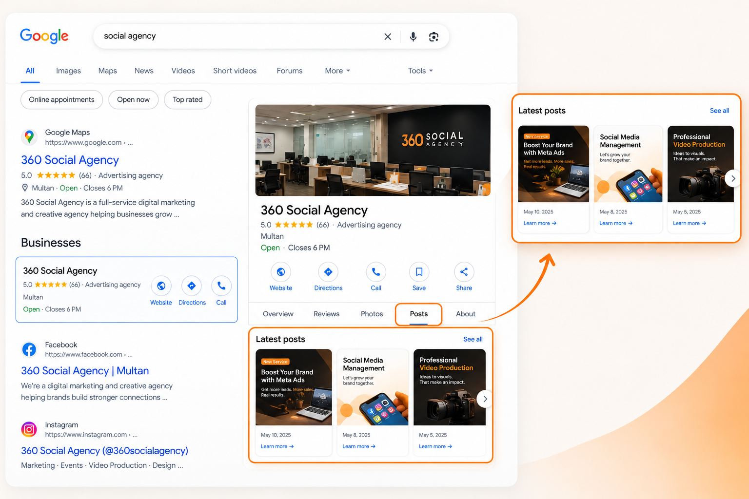 give me alt text Google Business Profile posts highlighted in local search results to demonstrate how posts can improve business visibility.