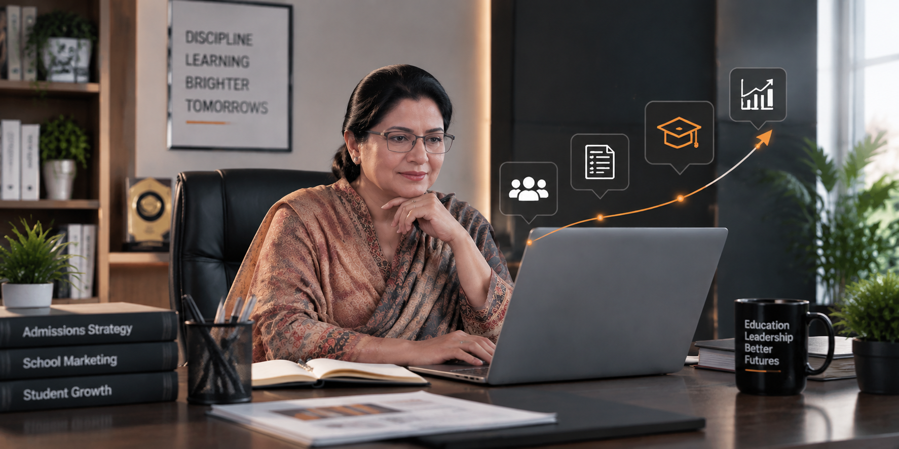 Professional Pakistani school principal wearing glasses, reviewing admission strategy on a laptop in a modern office, representing education leadership, school marketing, and student enrollment growth.