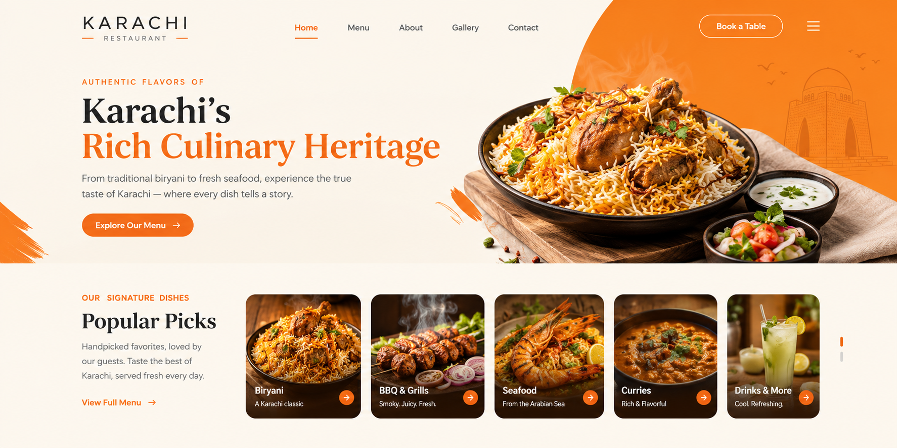 Modern Karachi restaurant website design featuring biryani, BBQ, seafood, curries, and drinks in a white, cream, and vibrant orange color scheme.