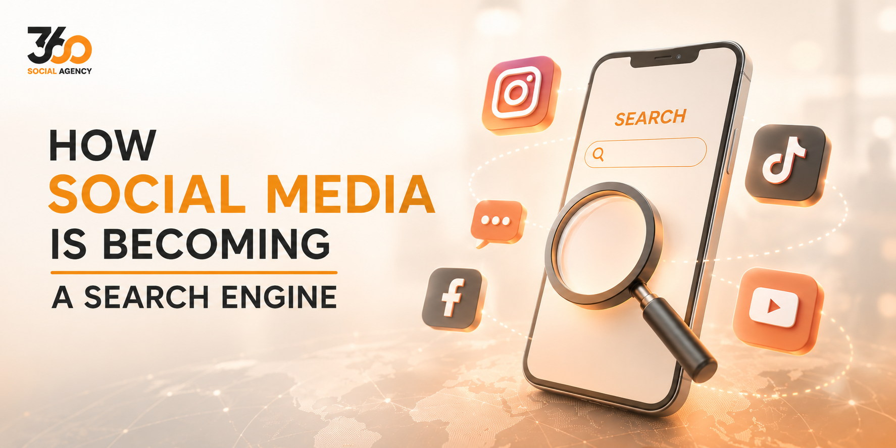 An graphic featuring a smartphone with a magnifying glass over its screen, surrounded by 3D icons for Instagram, TikTok, Facebook, and YouTube. The text on the left reads, "HOW SOCIAL MEDIA IS BECOMING A SEARCH ENGINE."
