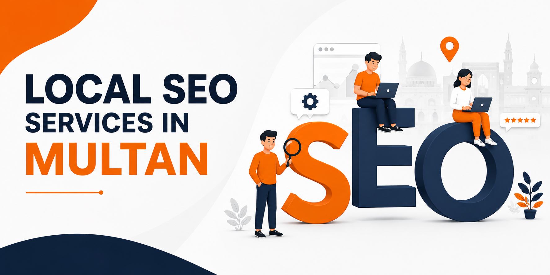 Alt text: Local SEO services in Multan, featuring an SEO graphic with a location pin, search icon, ratings, and digital marketing professionals.