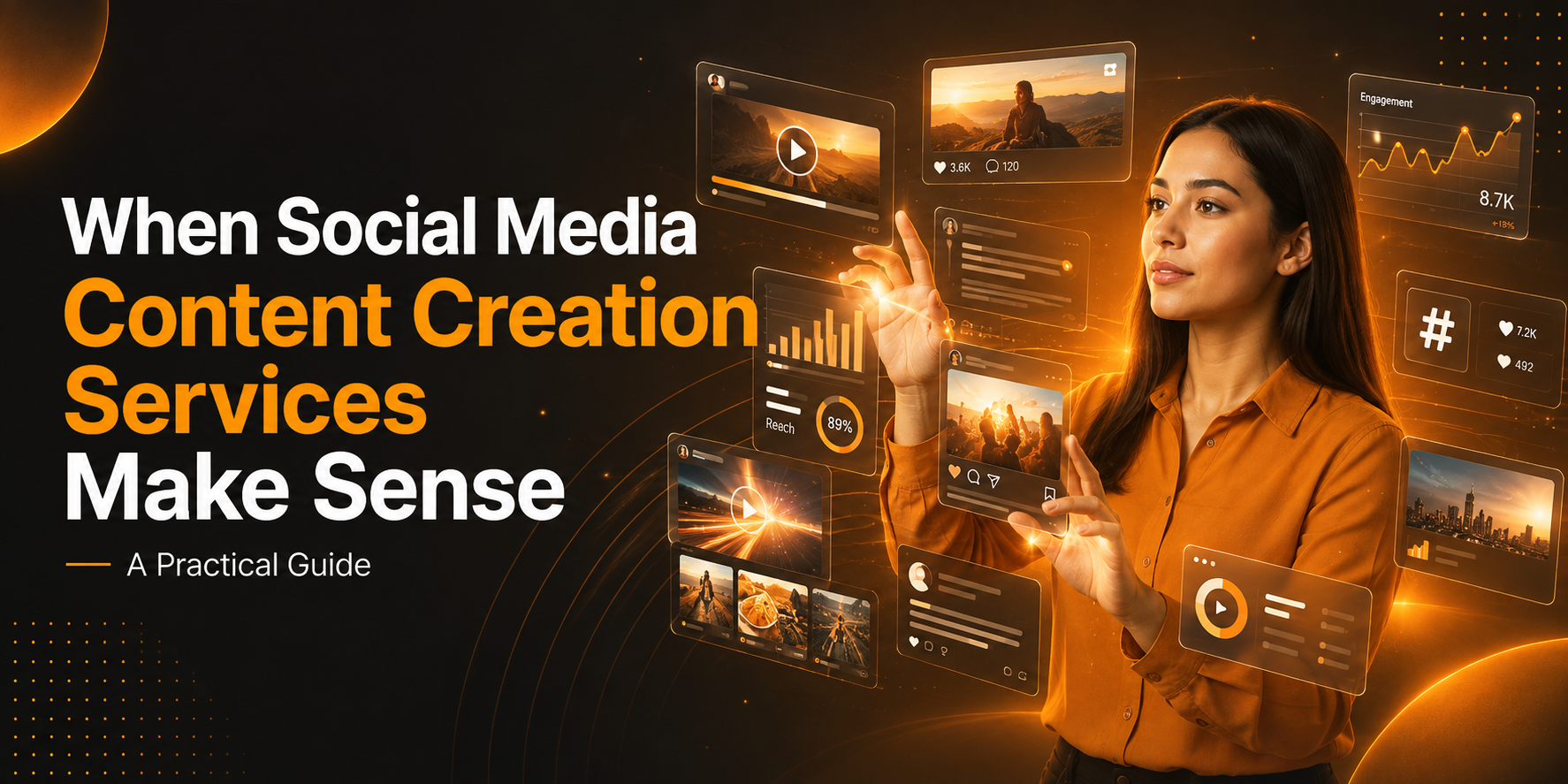 Illustration of a woman organizing a social media content calendar, with scheduled post cards, planning notes, and the headline “Make Social Media Content Planning Easier” on a light orange and cream background.