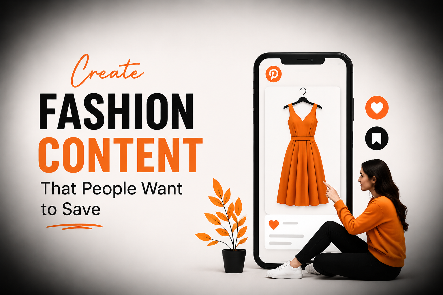 Fashion content creation concept showing a woman designing a Pinterest-style fashion post with an orange dress on a smartphone screen, highlighting engaging fashion content that people want to save and discover.