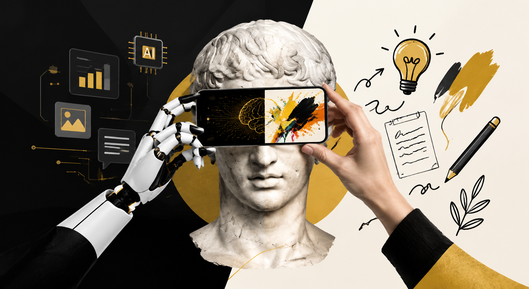 AI content creation vs human creativity concept showing collaboration between artificial intelligence and human imagination for modern digital marketing strategy.