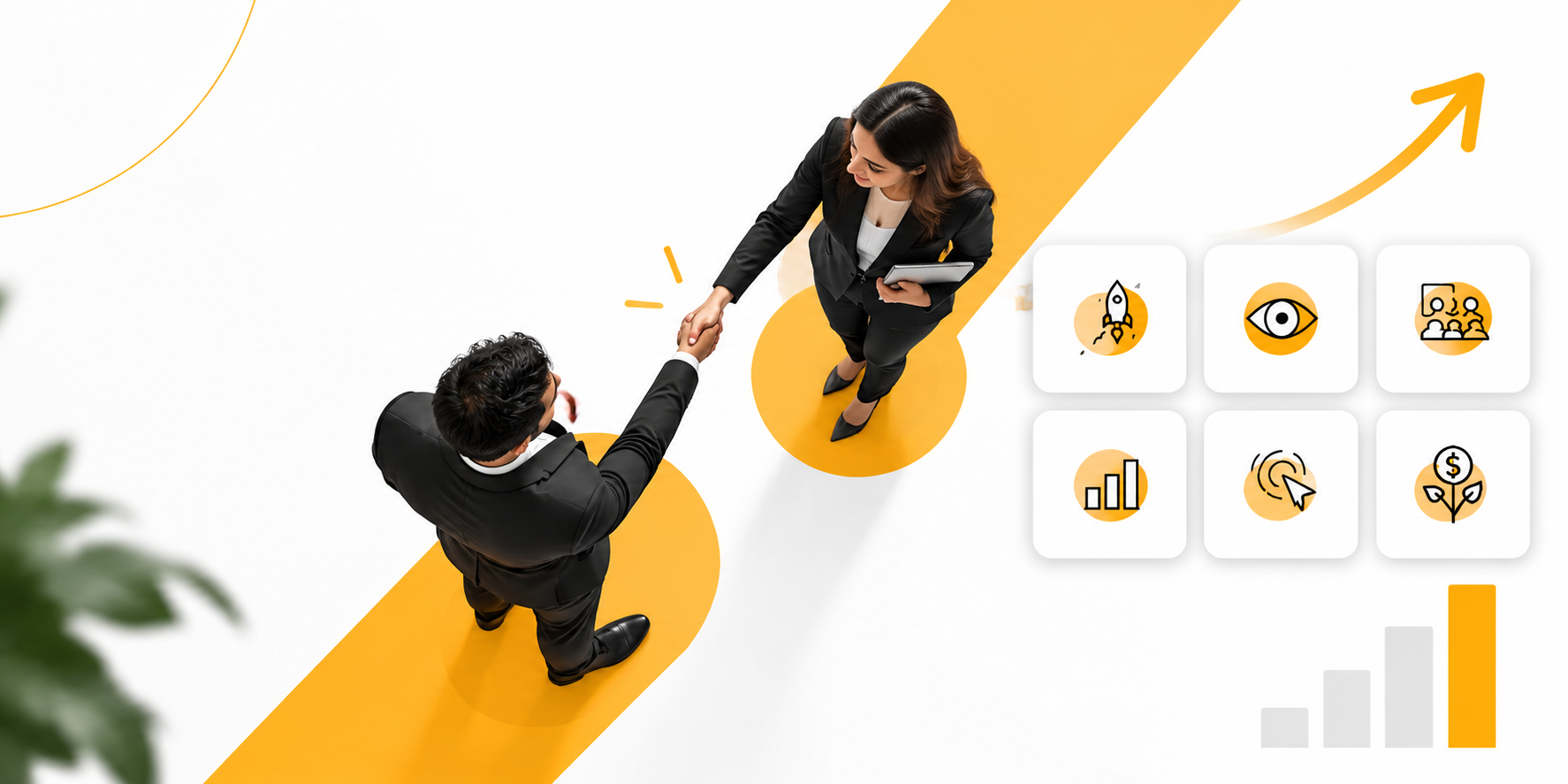 Real business professionals shaking hands with digital marketing growth icons, analytics metrics, and upward growth chart representing performance marketing success.