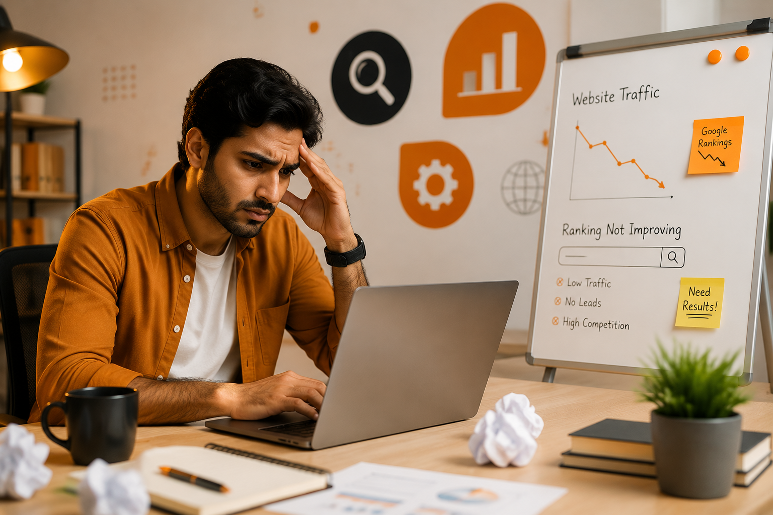 Business owner facing SEO ranking challenges while analyzing website traffic and Google search performance data