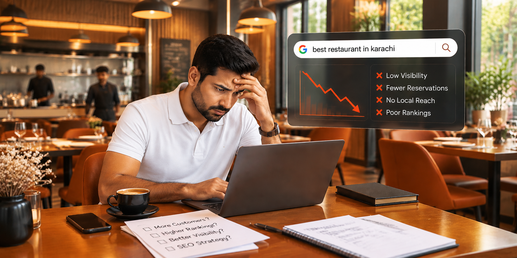 Restaurant owner in Karachi reviewing poor Google rankings and local SEO visibility on a laptop.