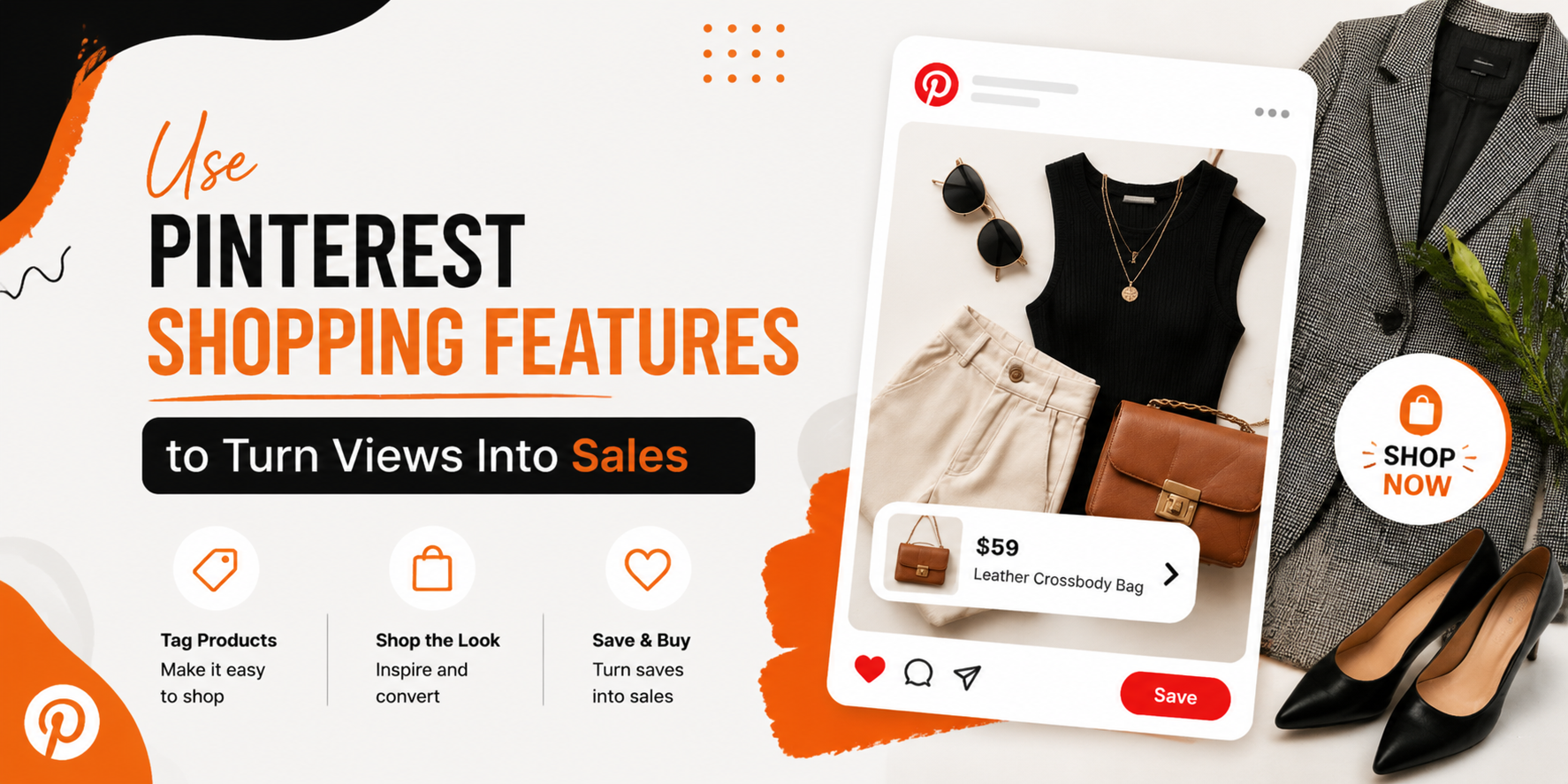 Pinterest shopping features banner showing fashion products in a Pinterest-style post, including a black top, white pants, handbag, blazer, and shoes with product tags and shopping icons. The design highlights how brands can use Pinterest shopping tools to turn views, saves, and product discovery into online sales.