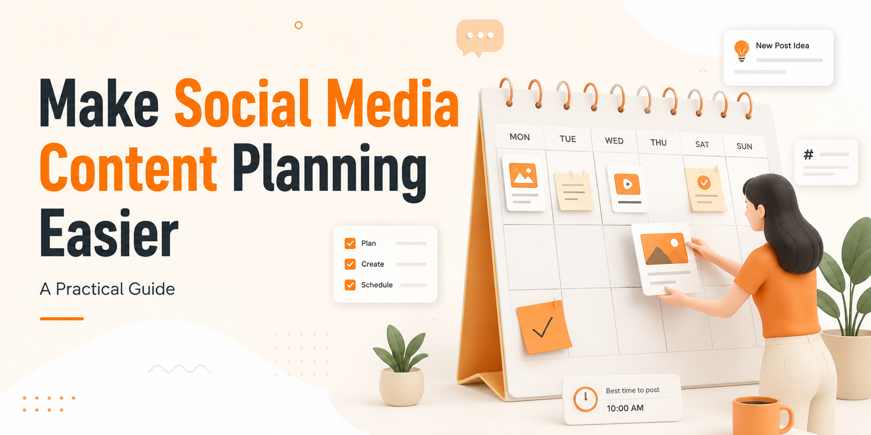 Social media content planning calendar with scheduled posts, content ideas, and a creator organizing a weekly posting strategy.