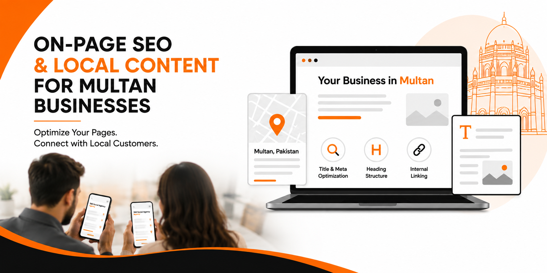 Promotional banner for "On-Page SEO & Local Content For Multan Businesses," featuring digital device mockups displaying local SEO services, two people using smartphones, and an outline of a landmark dome.