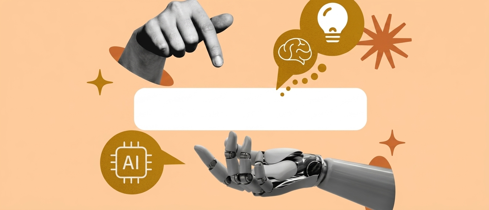 A mixed-media digital collage against a textured peach-orange background shows a grayscale human hand in the upper-left pointing down towards a central empty white text box. In the upper-right, an ochre-textured thought bubble contains white line-art icons of a brain and lightbulb, with five dots below. In the lower-left, another ochre thought bubble holds a white 'AI' chip icon. In the lower-right, a detailed grayscale robotic hand cups upwards. Three simplified ochre star shapes are scattered around.