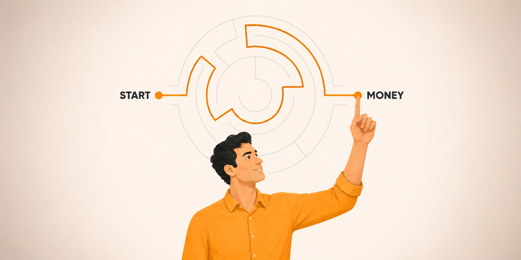 Illustration of a man pointing at a circular path from “START” to “MONEY,” representing patience, progress tracking, and achieving financial results.