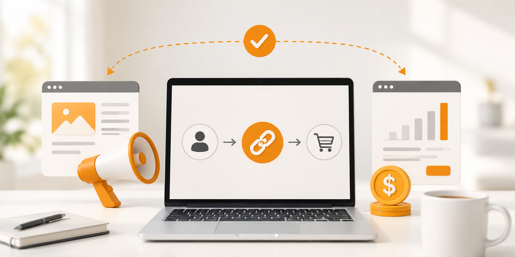 Alt text: Digital marketing and e-commerce illustration showing a laptop with a customer-to-purchase journey, promotional megaphone, website panels, analytics chart, and revenue icons.