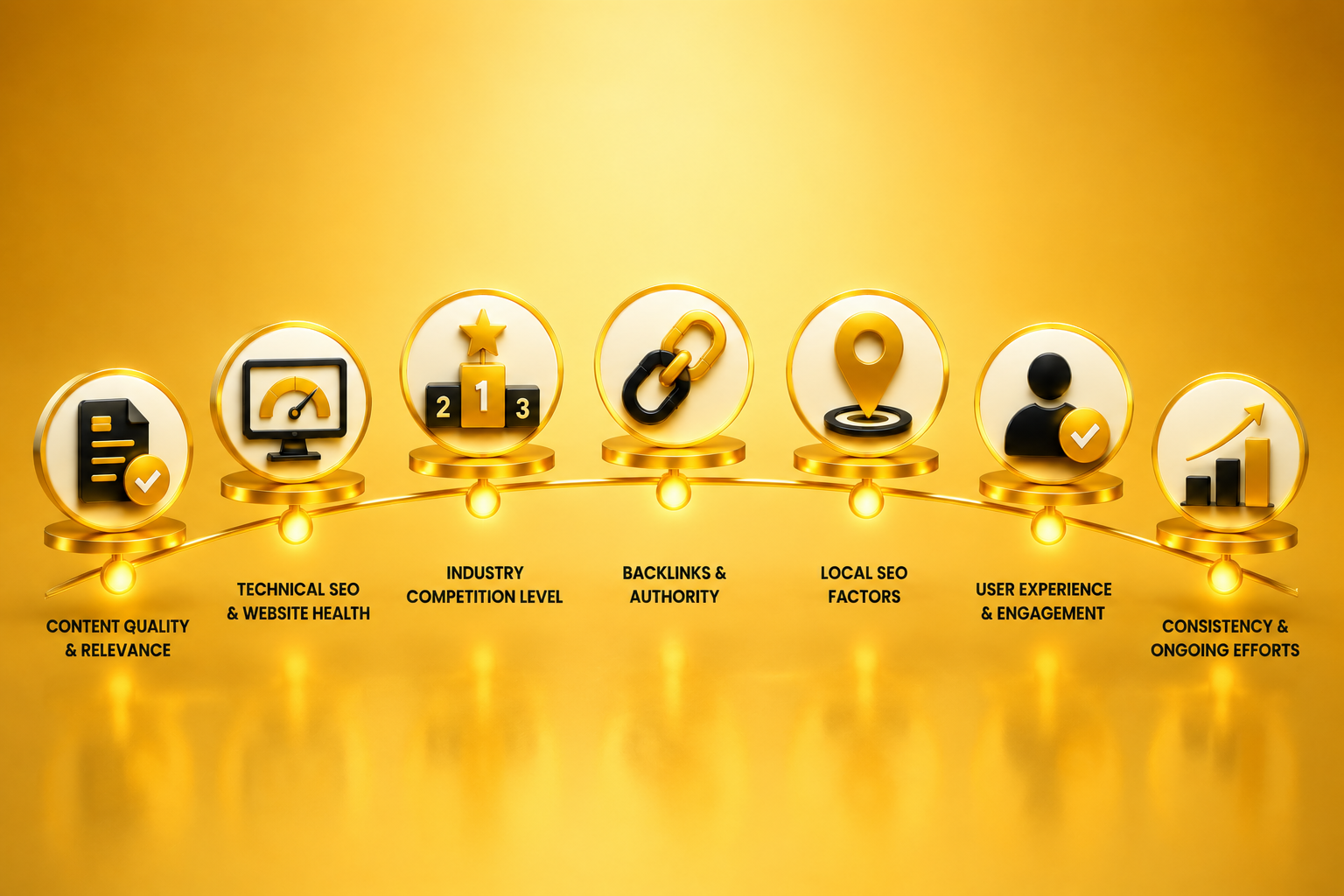Visual infographic showing key factors affecting how long SEO takes, including content quality, technical SEO, backlinks, local SEO, and website growth efforts