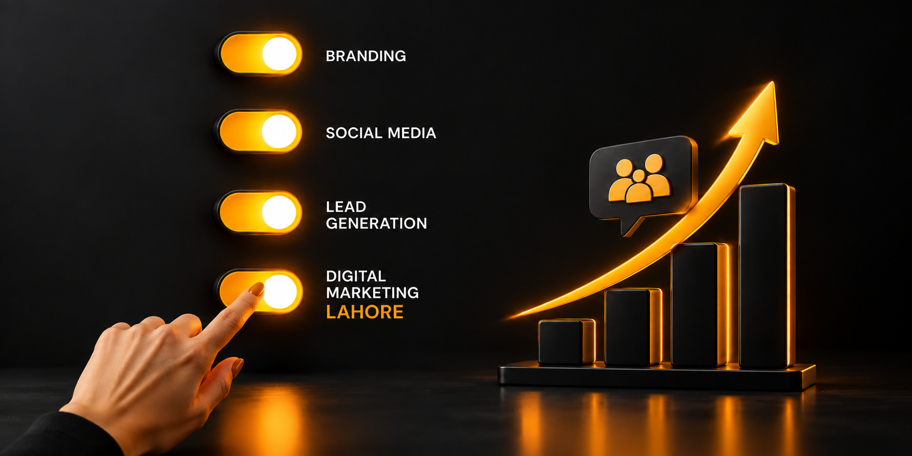 Digital marketing services in Lahore concept showing business growth strategy with toggle switches, lead generation, social media, branding, and performance marketing analytics.